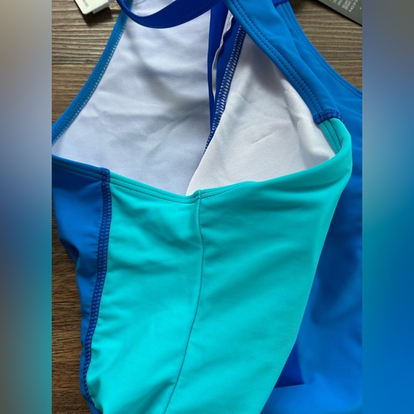 BIKINX Blue Colorblock High Neck Gold Zip Front One Piece Swimsuit Sleek | Sz XL - Picture 5 of 10